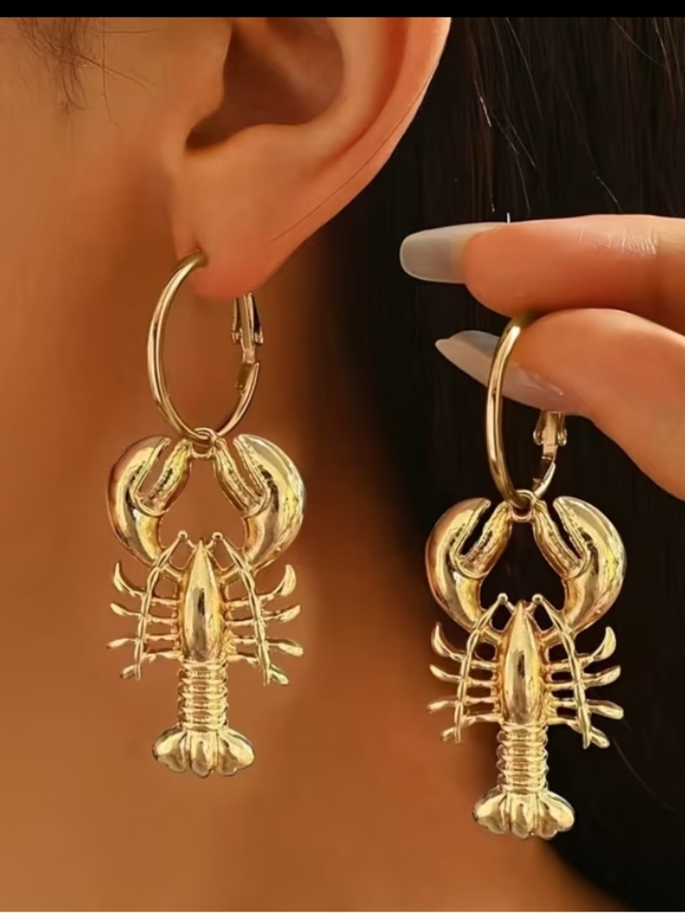 LOBSTER Gold Hoop Dangling Nautical Designer Pierced Earrings NIB